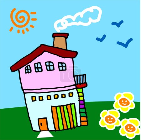 Téléchargez les illustrations : Un dessin d'art pour enfants pour ma douce maison, vecteur, illustration - en licence libre de droit