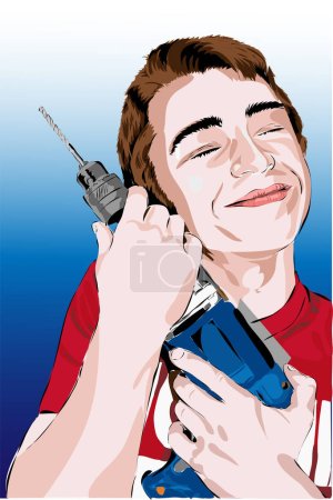 Téléchargez les illustrations : Jeune homme heureux avec ses outils électriques. C'est un truc de mec. - en licence libre de droit