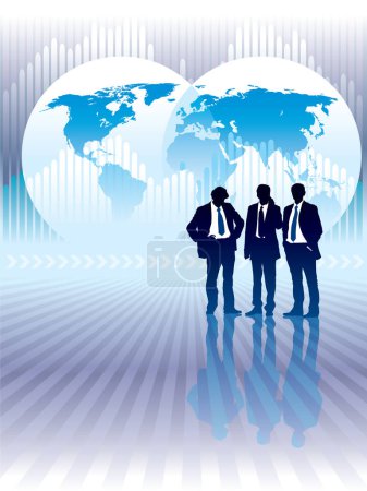 Illustration for People are standing, world map and graph in the background, conceptual business illustration. The base map is from Central Intelligence Agency Web site. - Royalty Free Image