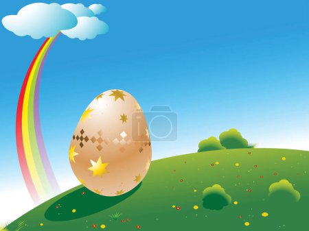 Illustration for Big easter egg on a green field, rainbow over the blue sky - Royalty Free Image