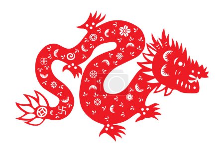 Illustration for Traditional paper cut of a dragon.(fifth of Chinese Zodiac).   Happy dragon's year! - Royalty Free Image