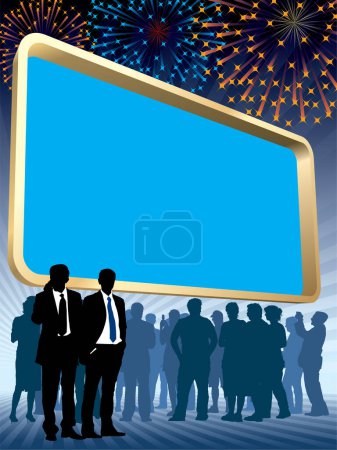Ilustración de La gente está parada delante de una gran valla publicitaria en blanco, fuegos artificiales en el fondo, ilustración conceptual de negocios. - Imagen libre de derechos
