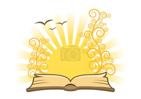 Illustration for Open magic book with sun in the background, vector - Royalty Free Image