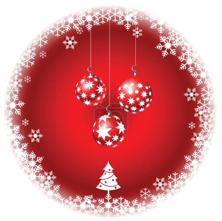 Ilustración de Adornos de Navidad colgados en un marco rojo nevado con árbol de Navidad en la parte inferior - Imagen libre de derechos