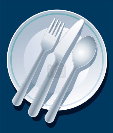 Téléchargez les illustrations : Endroit bleu avec plaque, fourchette, cuillère et couteau, vecteur. - en licence libre de droit