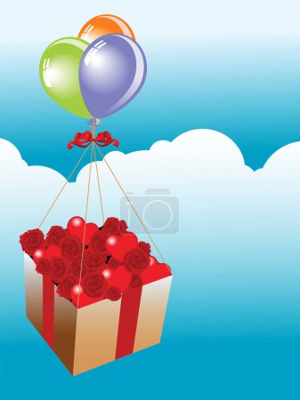 Illustration for Box full of roses and hearts flying over the sky with balloons - Royalty Free Image