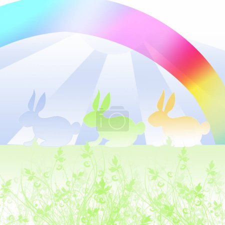Téléchargez les illustrations : Trois lapins de Pâques de couleur pastel sous un arc-en-ciel printanier sur la surface de l'herbe pastel - en licence libre de droit