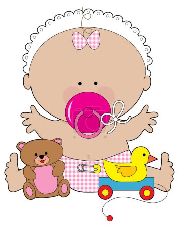 Illustration for A baby girl with a huge pacifier in her mouth - Royalty Free Image