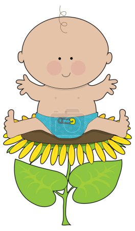 Illustration for Baby boy in a diaper sitting on a sunflower - Royalty Free Image