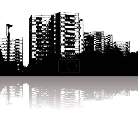 Illustration for Illustration of a city skyline with reflection in black and white - Royalty Free Image