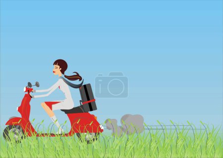 Illustration for Air attire automobile beautiful beauty day dressed eye face fashion free garden girl graphic graphical grass hair happiness happy illustration joy liberty moped motion motorcycle nature profile red style sun top trip turn two vector vectorial wasp wheel w - Royalty Free Image
