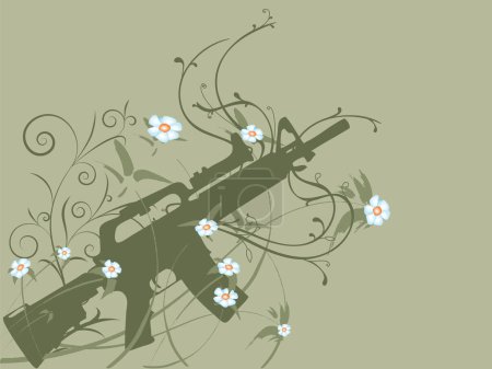 Téléchargez les illustrations : Silhouette d'un pistolet sur vignes fleuries, concept de paix - en licence libre de droit