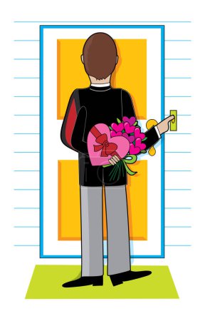 Illustration for Young man standing at a doorway with flowers and candy for a date - Royalty Free Image