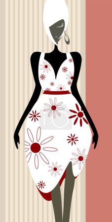 Téléchargez les illustrations : Illustration vectorielle d'un modèle en robe florale blanche sur fond rayé rose. - en licence libre de droit