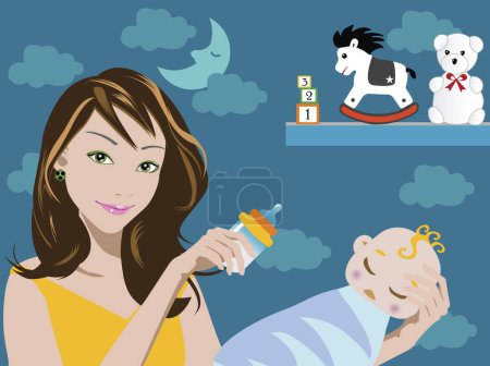 Téléchargez les illustrations : Illustration de maman tenant des jouets pour bébés sur le mur - en licence libre de droit