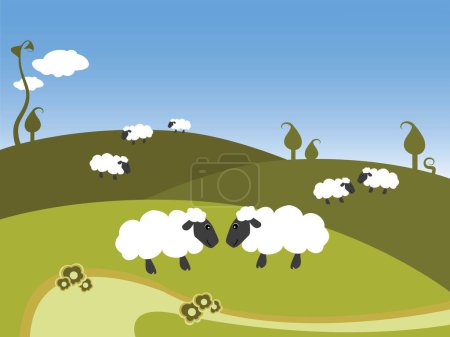 Illustration for Illustration of black sheeps on a hill - Royalty Free Image