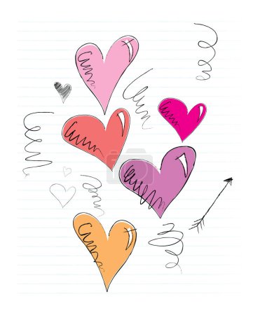 Illustration for Hearts doodled on lined paper - Royalty Free Image