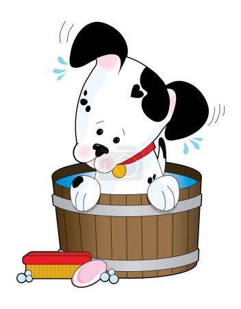 Illustration for A spotted dog having a soapy bath - Royalty Free Image