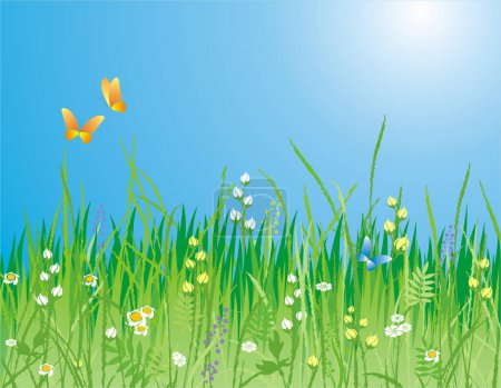 Téléchargez les illustrations : Fleurs, herbe et papillon. Une belle prairie - en licence libre de droit