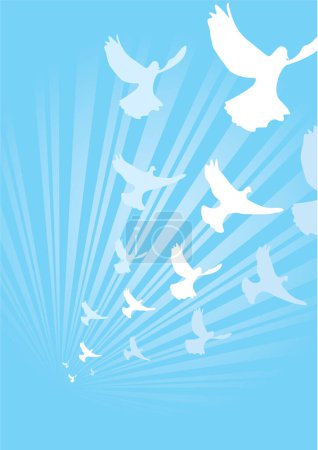 Ilustración de Una bandada de palomas volando bajo rayos de luz - Imagen libre de derechos