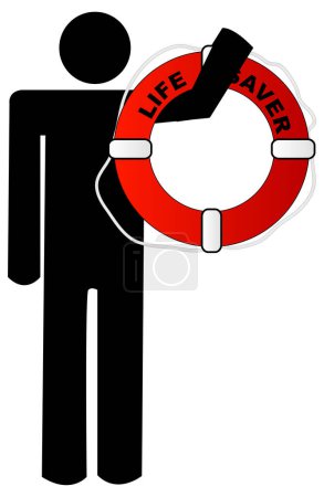 Téléchargez les illustrations : Homme tenant gilet de sauvetage rouge et blanc dans son bras - en licence libre de droit