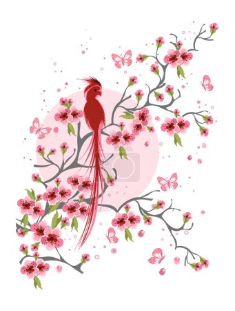 Téléchargez les illustrations : Fleurs de cerisier et fond d'oiseau - en licence libre de droit