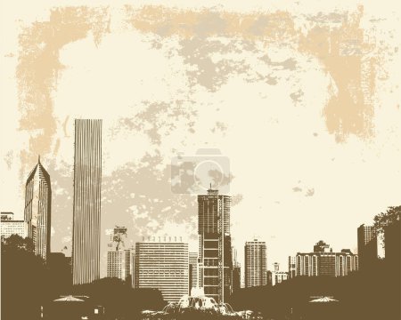 Illustration for Grunge style view of Chicago skyline from Buckingham Fountain - Royalty Free Image