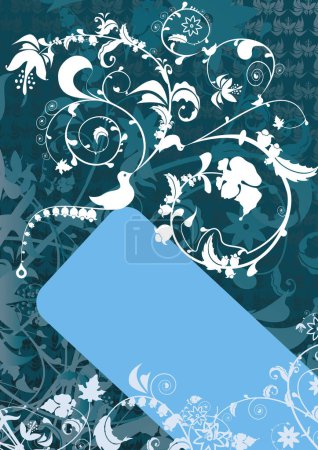 Ilustración de Banner azul con adornos florales y de aves - Imagen libre de derechos