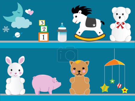 Téléchargez les illustrations : Illustration de jouets pour bébés sur le mur - en licence libre de droit