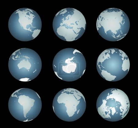 Ilustración de World Continents (Vector) (en inglés). Mapa preciso en un globo. Incluye Antártida, Ártico, Atlántico. Los detalles incluyen pequeñas cadenas de islas, lagos y mares. - Imagen libre de derechos