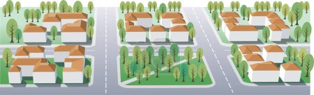 Téléchargez les illustrations : Ensemble de maisons avec arbres verts et herbe, vue sur la rue. illustration vectorielle. - en licence libre de droit