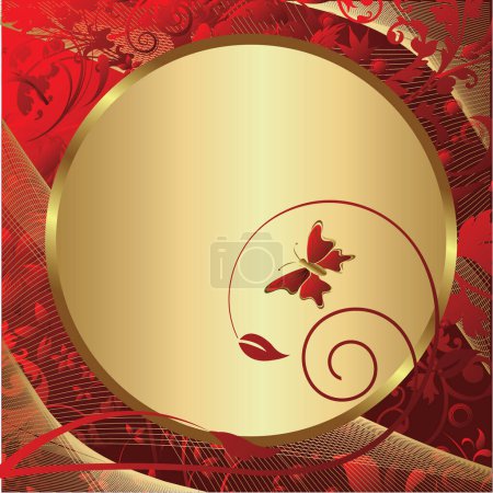 Ilustración de Fondo rojo con marco dorado, adorno floral y mariposa, ilustración vectorial - Imagen libre de derechos