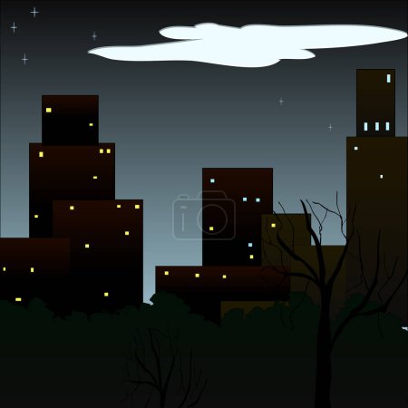 Ilustración de Silueta noche ciudad con un árbol, vector de ilustración - Imagen libre de derechos