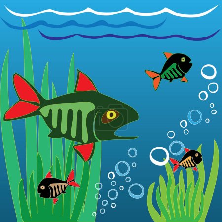 Ilustración de Ilustración de dibujos animados de peces con plantas submarinas. - Imagen libre de derechos