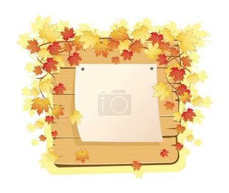 Téléchargez les illustrations : Feuilles d'automne sur une planche en bois avec espace pour le texte - en licence libre de droit