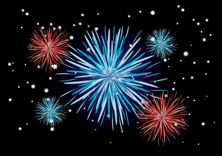 Ilustración de Fuegos artificiales de colores sobre fondo oscuro, celebración del año nuevo - Imagen libre de derechos