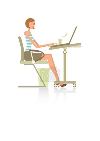 Téléchargez les illustrations : Jeune femme d'affaires assise sur le bureau à l'aide d'un ordinateur portable - en licence libre de droit