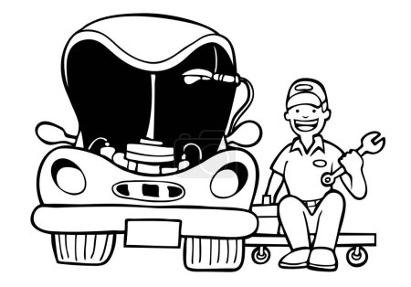 Illustration for Cartoon mechanic man with car, vector illustration - Royalty Free Image