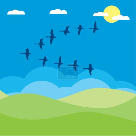 Téléchargez les illustrations : Illustration vectorielle. style plat d'un troupeau d'oiseaux dans le ciel. - en licence libre de droit