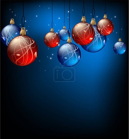 Téléchargez les illustrations : Boules de Noël avec des étoiles sur un fond bleu foncé - en licence libre de droit