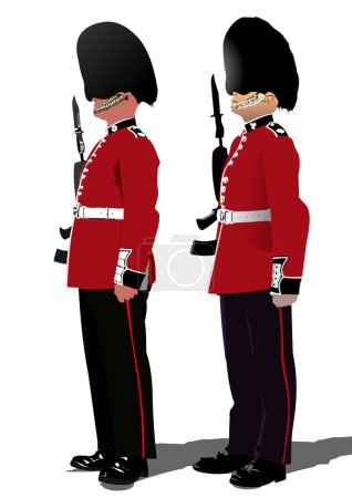Illustration for Soldier in red uniform with a gun in the back of the united kingdom - Royalty Free Image