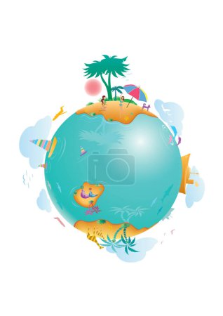 Illustration for World map and globe with palm tree - Royalty Free Image