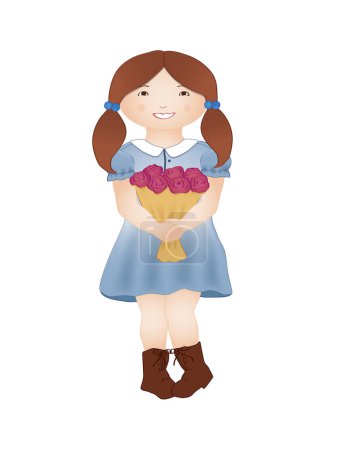 Ilustración de Chica con un ramo de flores rojas. ilustración vectorial en estilo de dibujos animados - Imagen libre de derechos