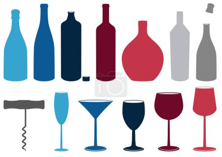 Téléchargez les illustrations : Bouteilles de vin et verres, illustration vectorielle design simple - en licence libre de droit