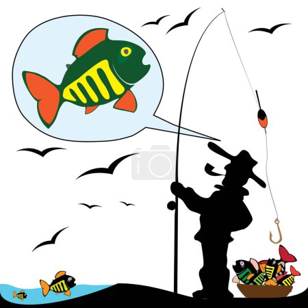 Illustration for Vector illustration of fish with rod on white background - Royalty Free Image
