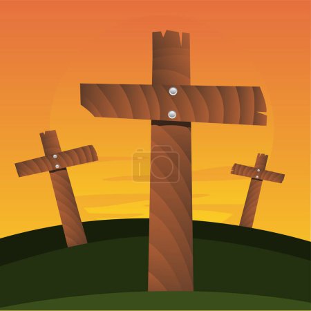 Ilustración de Cruces de madera sobre fondo del atardecer - Imagen libre de derechos