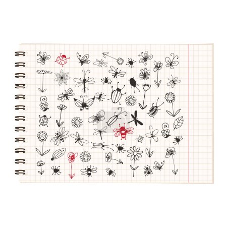 Ilustración de Cuaderno con flores e insectos vector ilustración. - Imagen libre de derechos