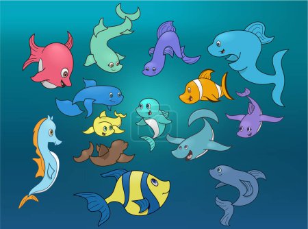 Téléchargez les illustrations : Animaux de mer dessin animé, ensemble vectoriel - en licence libre de droit