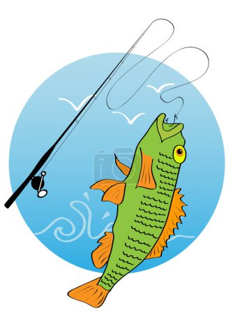 Téléchargez les illustrations : Illustration d'un poisson dessin animé et d'un hameçon - en licence libre de droit