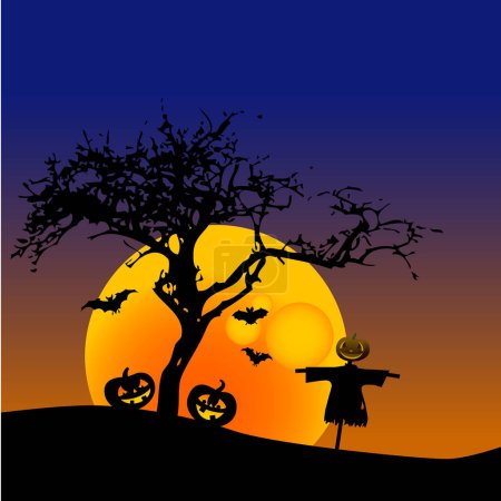Téléchargez les illustrations : Citrouilles d'Halloween, chauves-souris et arbres - en licence libre de droit